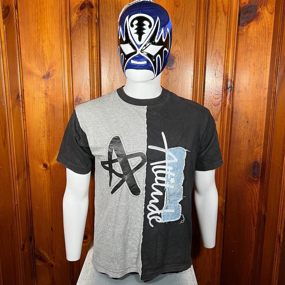 S Colorblock Graphic T Shirt Black Gray Denim Patch Streetwear